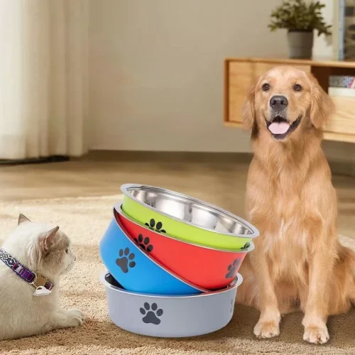 Stainless steel cat and dog bowl.